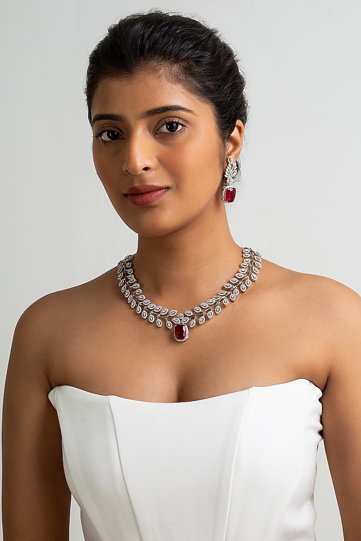 Gold Finish American Diamond & Red Stone Necklace Set by Zevar King at Pernia's Pop Up Shop