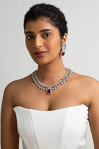 Gold Finish American Diamond & Red Stone Necklace Set by Zevar King