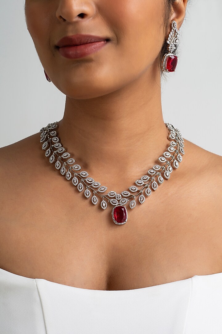 Gold Finish American Diamond & Red Stone Necklace Set by Zevar King at Pernia's Pop Up Shop