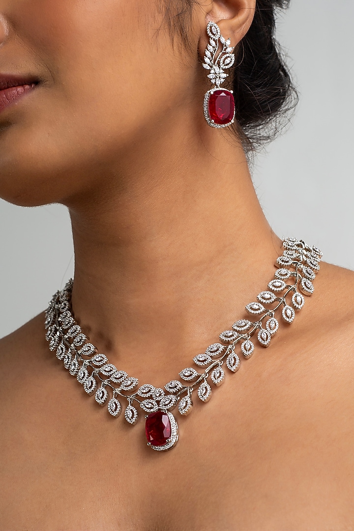 Gold Finish American Diamond & Red Stone Necklace Set by Zevar King at Pernia's Pop Up Shop
