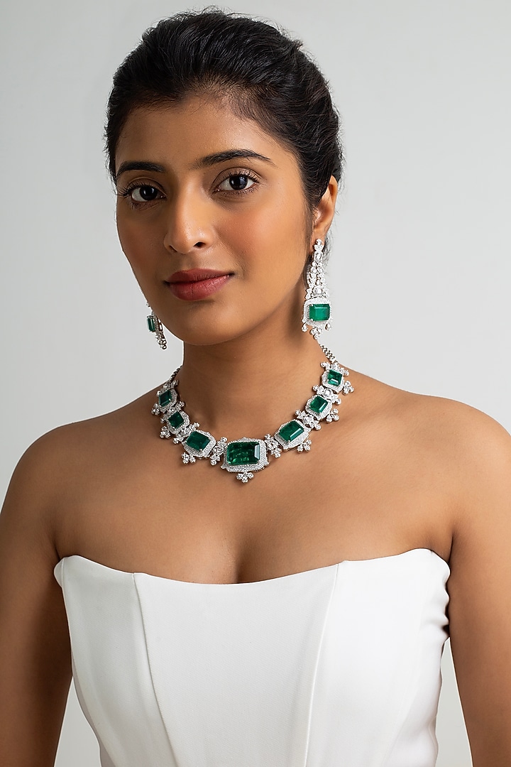 Gold Finish American Diamond & Green Stone Necklace Set by Zevar King at Pernia's Pop Up Shop