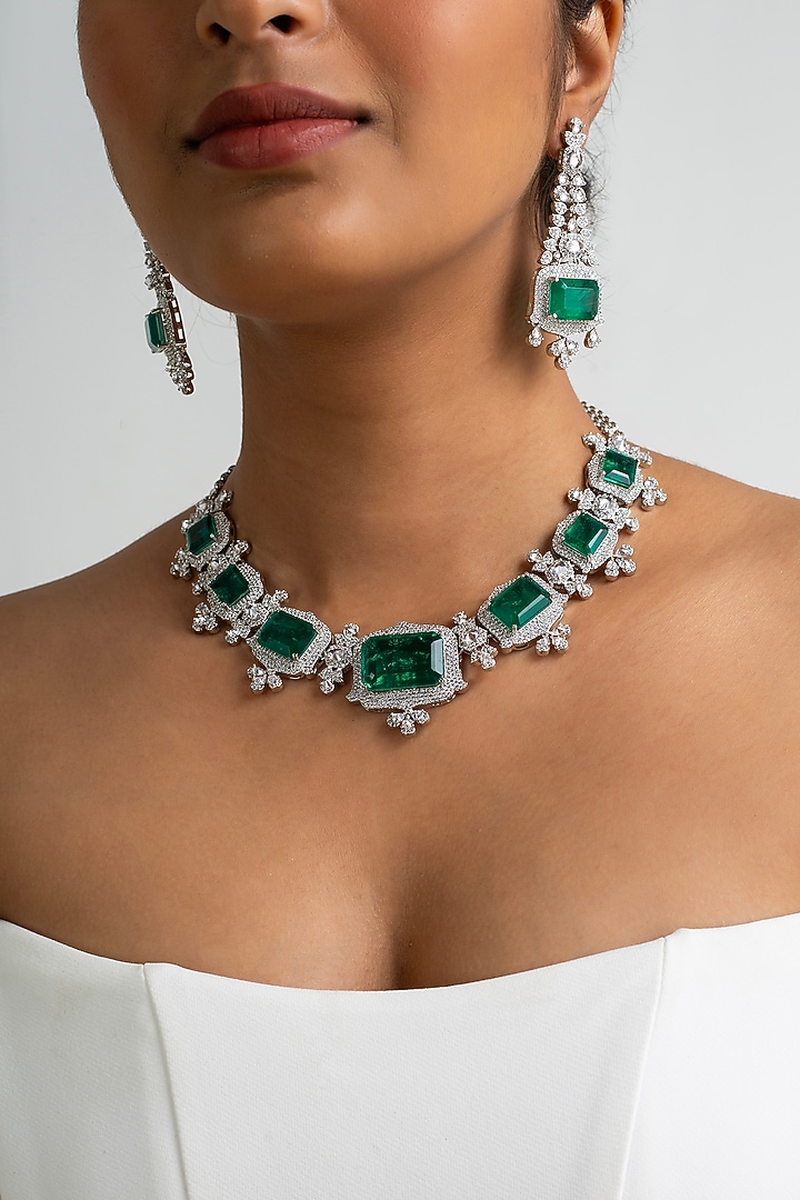 Gold Finish American Diamond & Green Stone Necklace Set by Zevar King at Pernia's Pop Up Shop