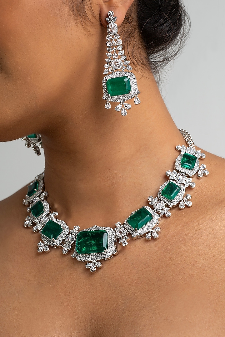 Gold Finish American Diamond & Green Stone Necklace Set by Zevar King at Pernia's Pop Up Shop