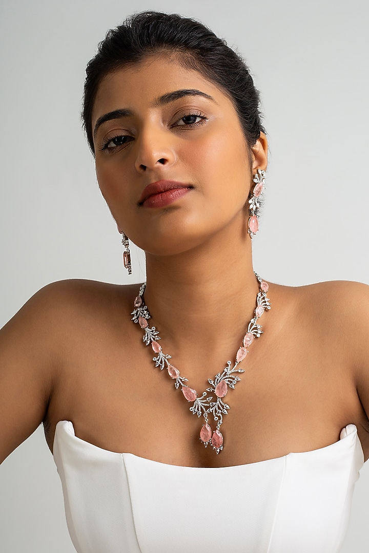 Gold Finish American Diamond & Pink Stone Necklace Set by Zevar King at Pernia's Pop Up Shop