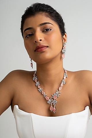Gold Finish American Diamond & Pink Stone Necklace Set by Zevar King