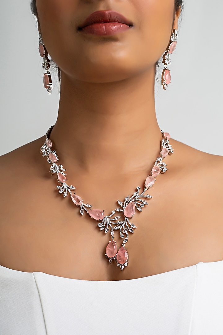 Gold Finish American Diamond & Pink Stone Necklace Set by Zevar King at Pernia's Pop Up Shop