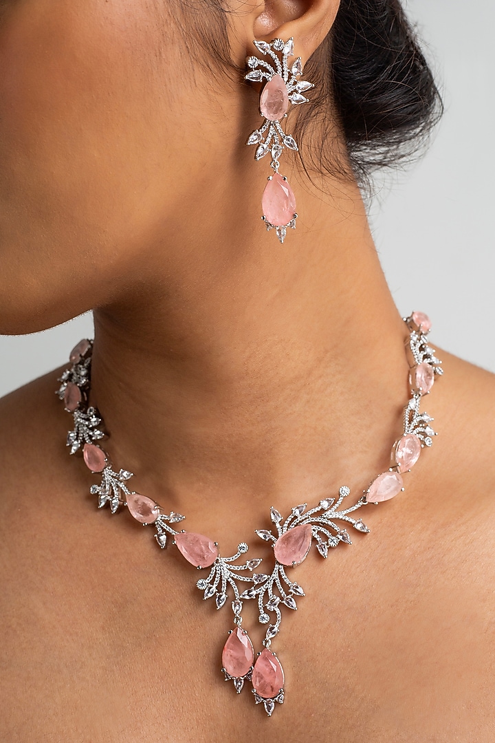 Gold Finish American Diamond & Pink Stone Necklace Set by Zevar King at Pernia's Pop Up Shop