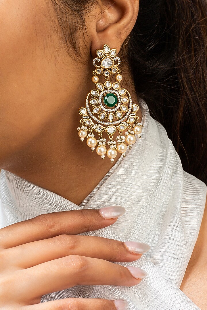 Gold Finish Green Kundan Polki Dangler Earrings by Zevar King at Pernia's Pop Up Shop