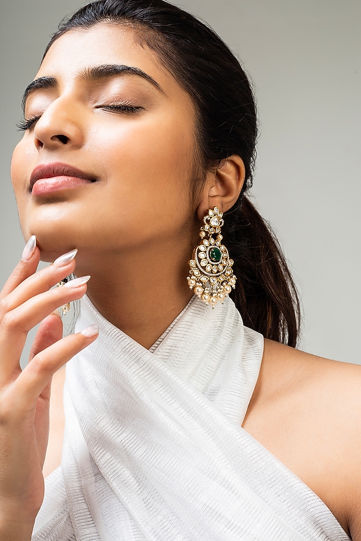 Gold Finish Green Kundan Polki Dangler Earrings by Zevar King at Pernia's Pop Up Shop