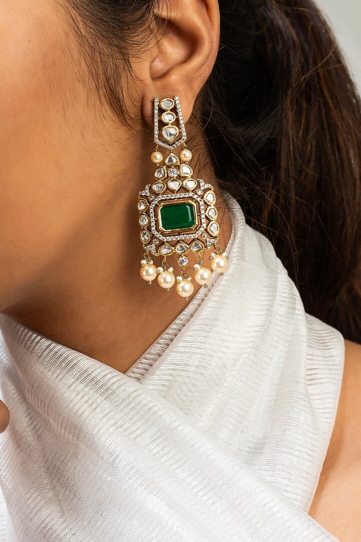 Gold Finish Green Kundan Polki Dangler Earrings by Zevar King at Pernia's Pop Up Shop