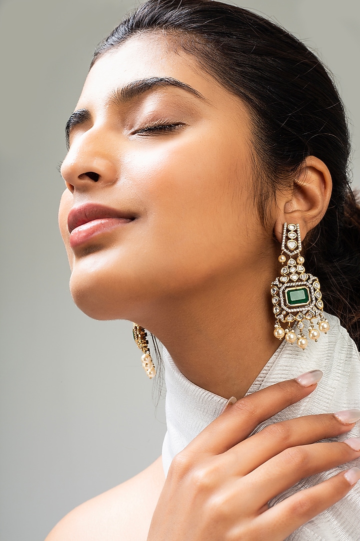 Gold Finish Green Kundan Polki Dangler Earrings by Zevar King at Pernia's Pop Up Shop