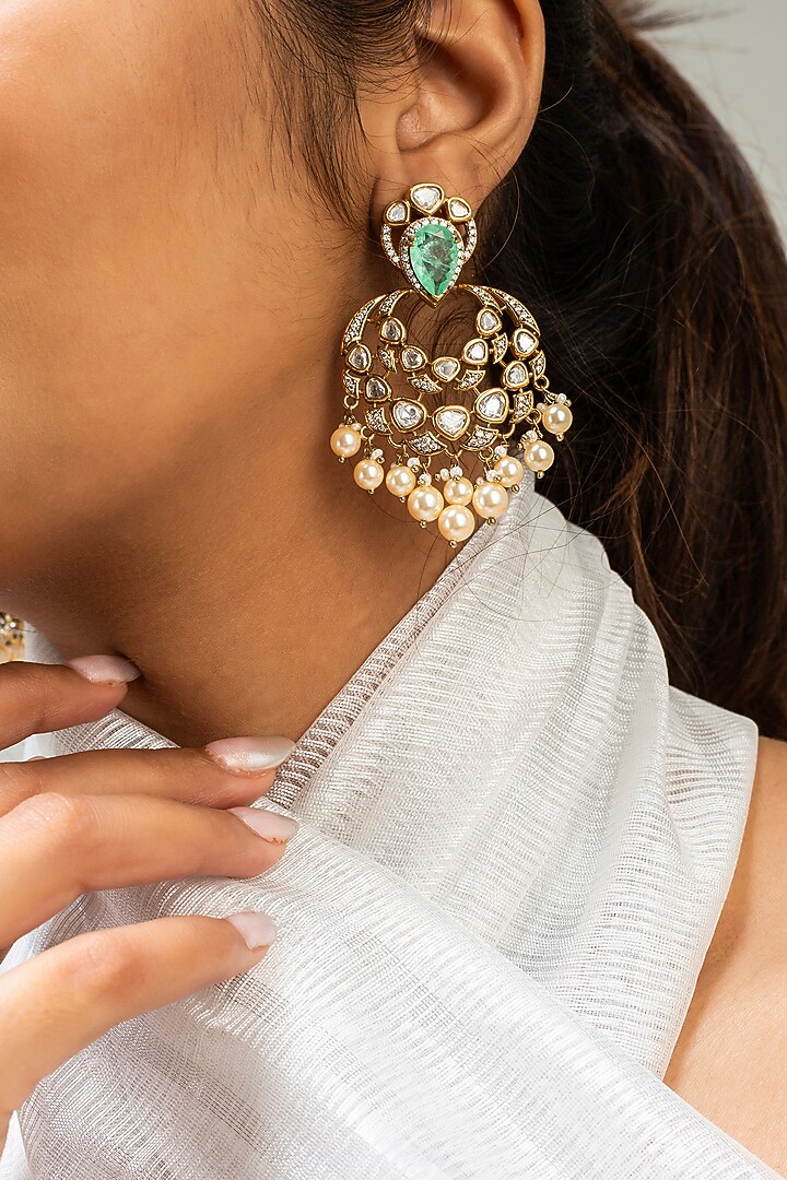 Gold Finish Green Kundan Polki Dangler Earrings by Zevar King at Pernia's Pop Up Shop
