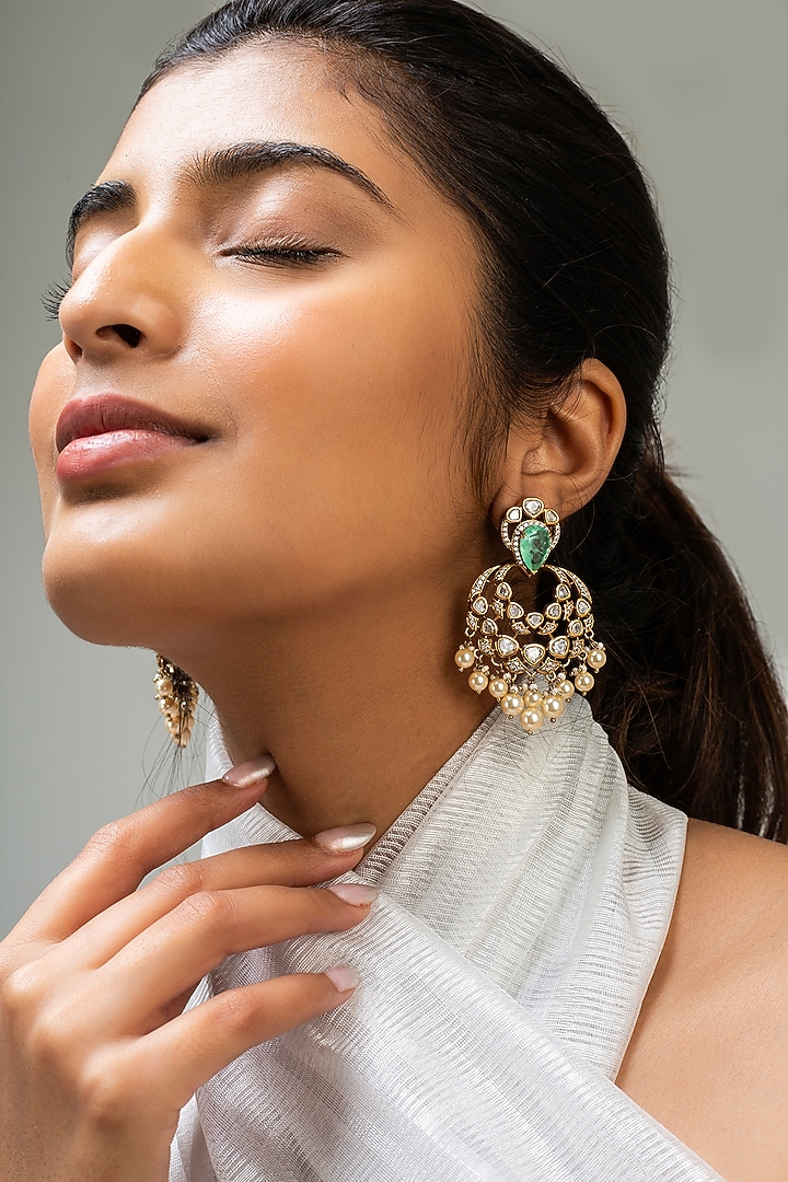 Gold Finish Green Kundan Polki Dangler Earrings by Zevar King at Pernia's Pop Up Shop
