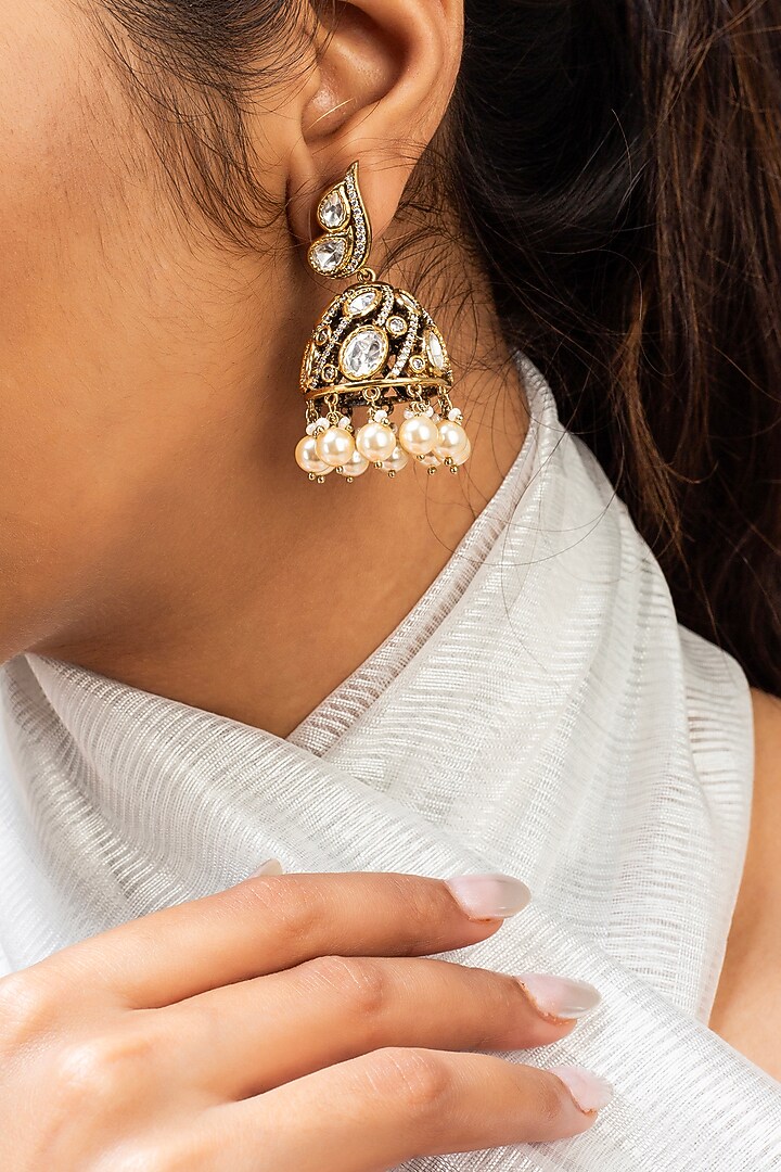 Gold Finish White Kundan Polki Dangler Earrings by Zevar King at Pernia's Pop Up Shop
