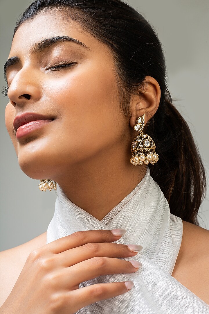 Gold Finish White Kundan Polki Dangler Earrings by Zevar King at Pernia's Pop Up Shop