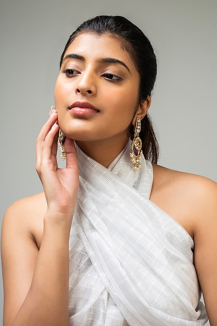 Gold Finish Red Kundan Polki Dangler Earrings by Zevar King at Pernia's Pop Up Shop