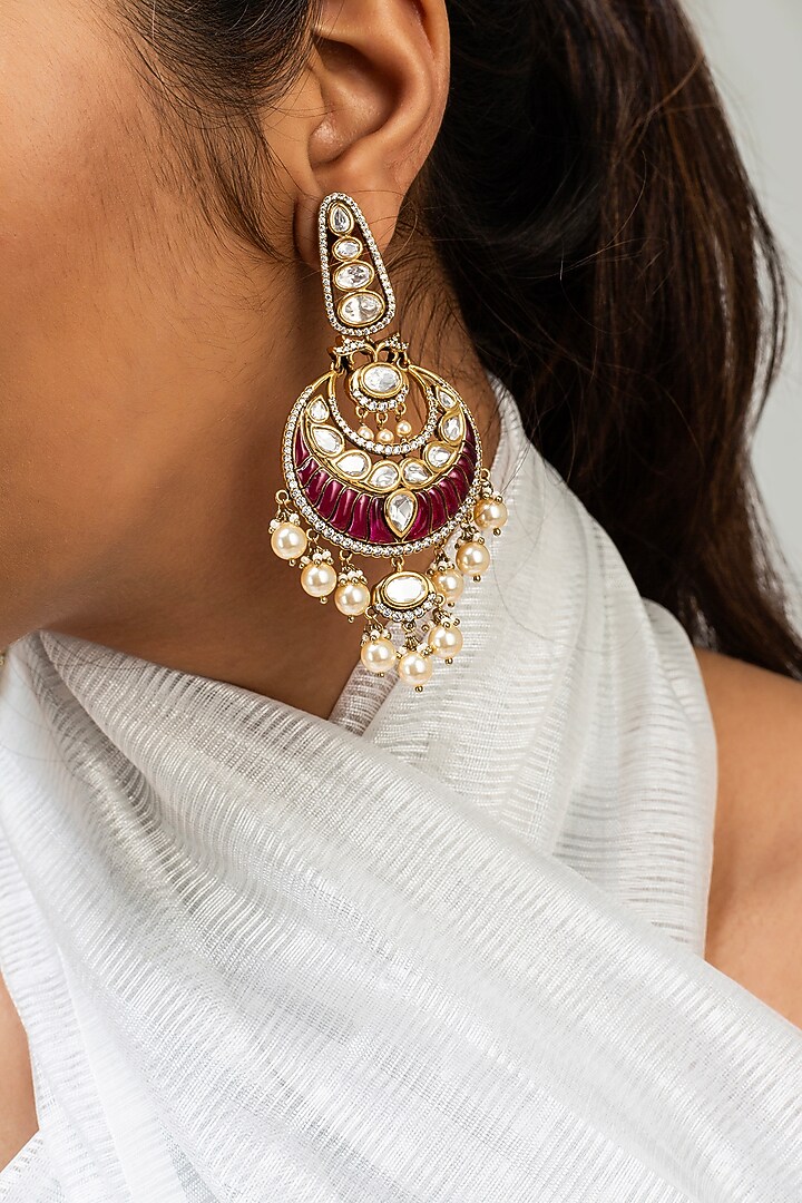 Gold Finish Red Kundan Polki Dangler Earrings by Zevar King at Pernia's Pop Up Shop