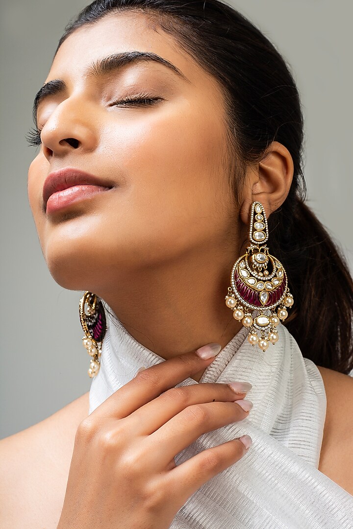 Gold Finish Red Kundan Polki Dangler Earrings by Zevar King at Pernia's Pop Up Shop