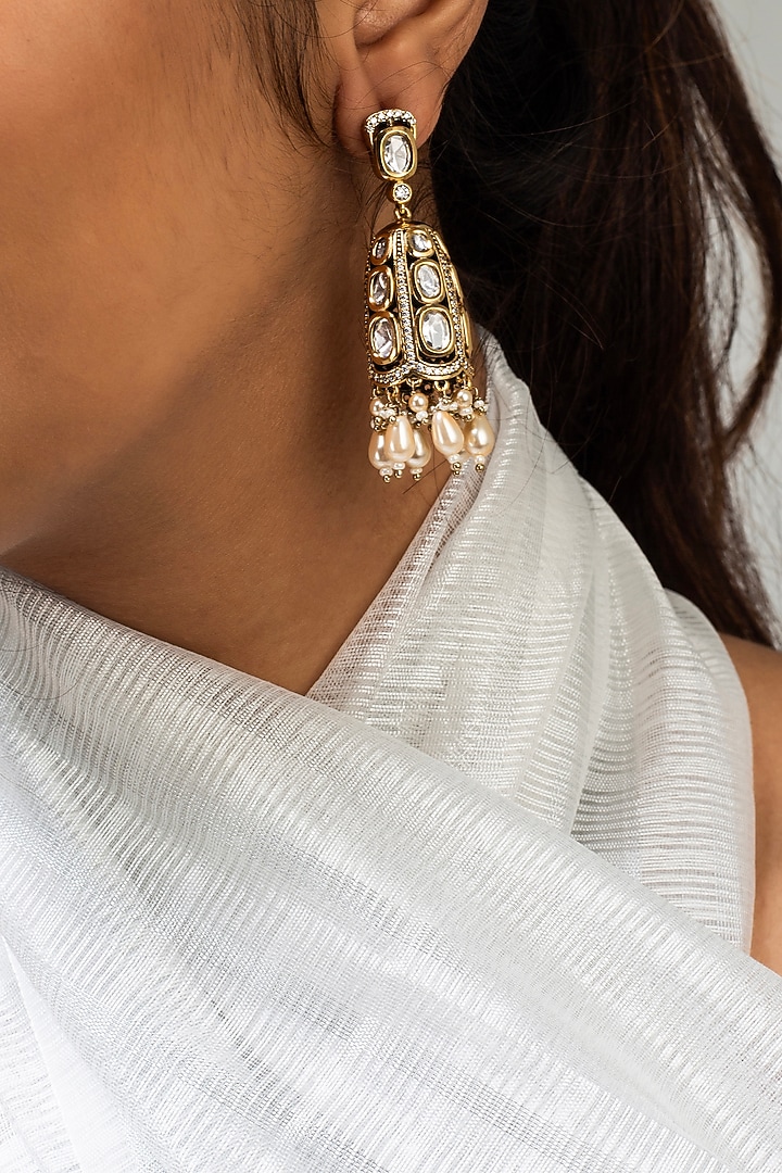 Gold Finish White Kundan Polki Dangler Earrings by Zevar King at Pernia's Pop Up Shop