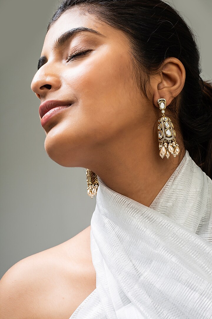 Gold Finish White Kundan Polki Dangler Earrings by Zevar King at Pernia's Pop Up Shop