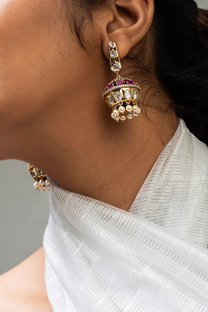 Gold Finish Multi-Colored Kundan Polki Dangler Earrings by Zevar King at Pernia's Pop Up Shop