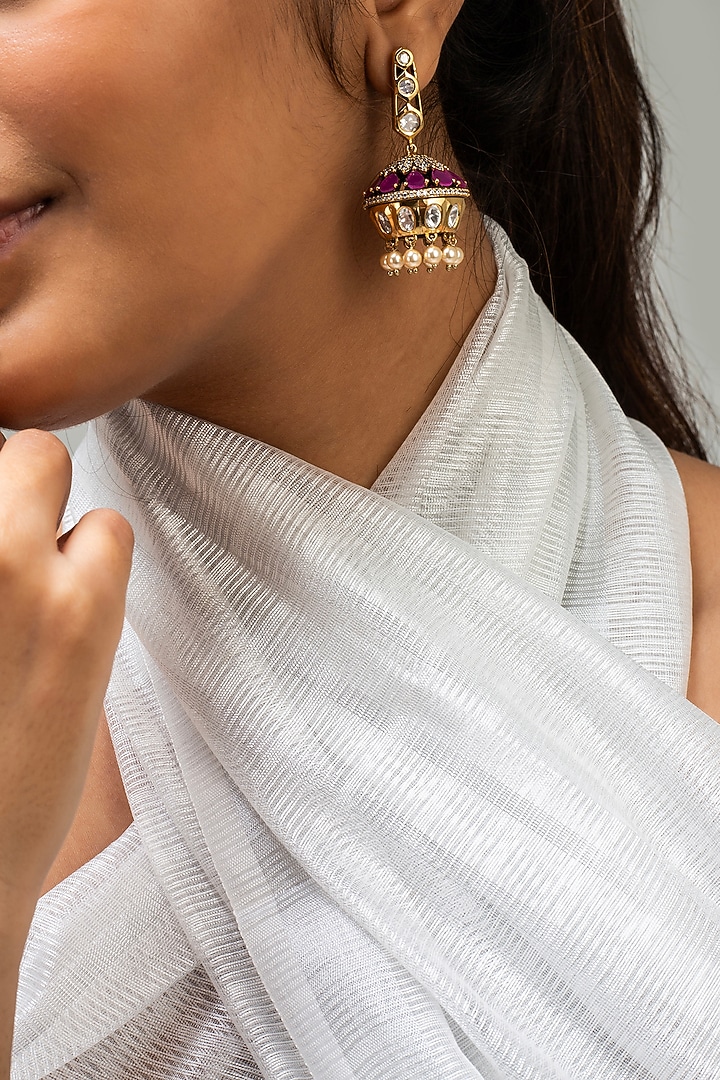 Gold Finish Multi-Colored Kundan Polki Dangler Earrings by Zevar King at Pernia's Pop Up Shop