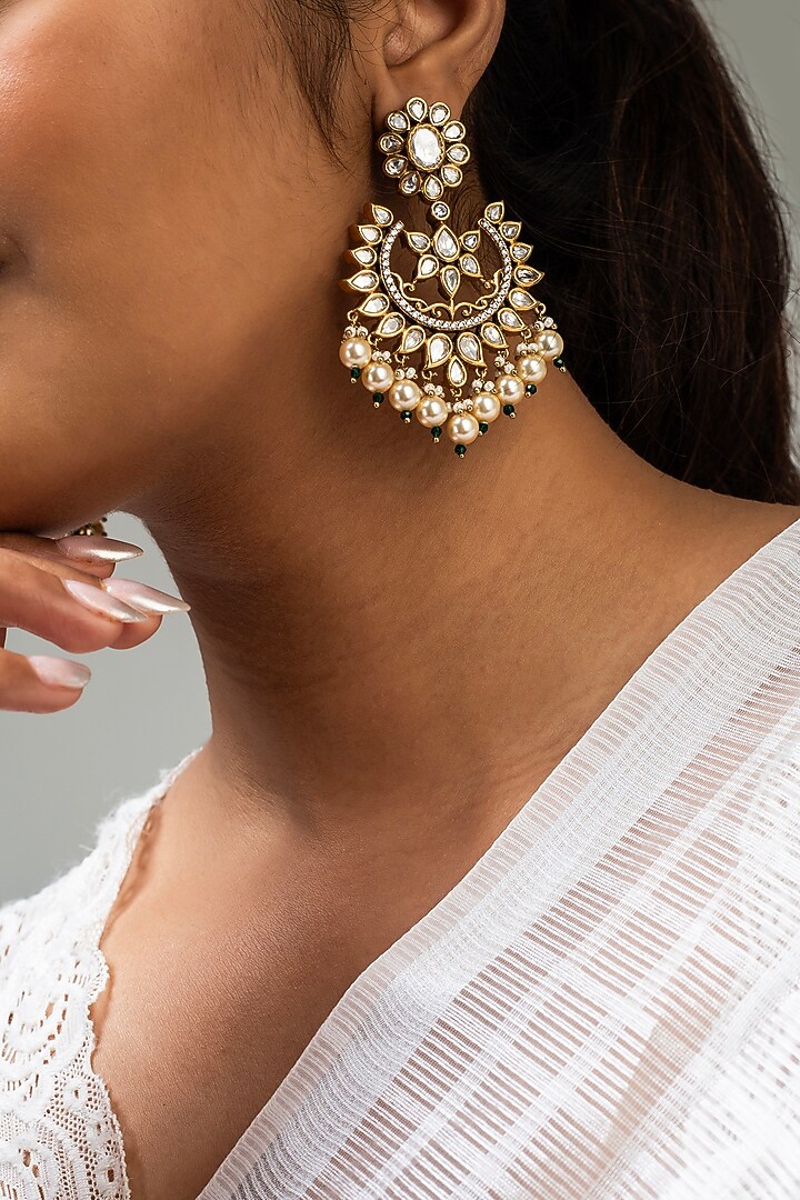 Gold Finish White Kundan Polki Dangler Earrings by Zevar King at Pernia's Pop Up Shop