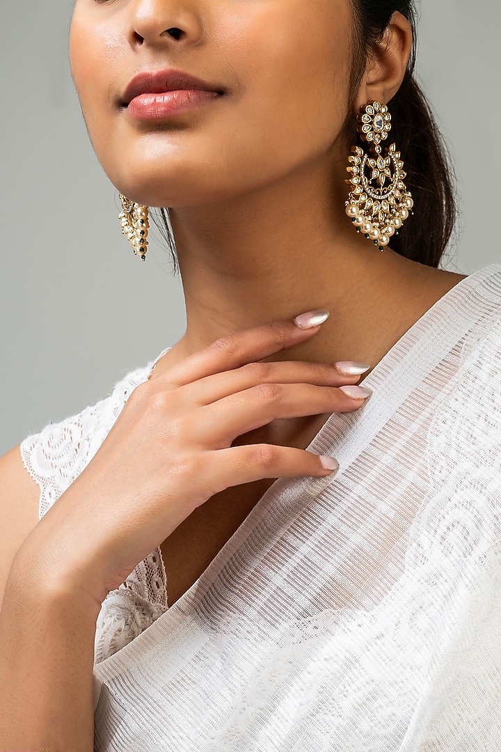 Gold Finish White Kundan Polki Dangler Earrings by Zevar King at Pernia's Pop Up Shop