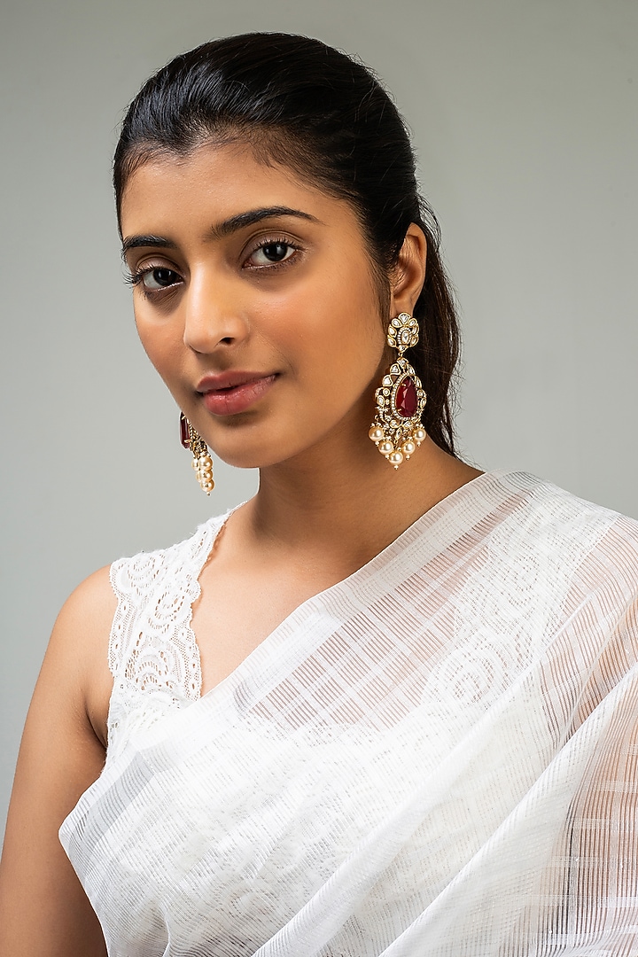 Gold Finish Red Kundan Polki Dangler Earrings by Zevar King at Pernia's Pop Up Shop