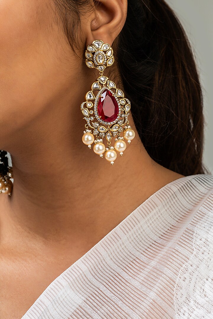 Gold Finish Red Kundan Polki Dangler Earrings by Zevar King at Pernia's Pop Up Shop