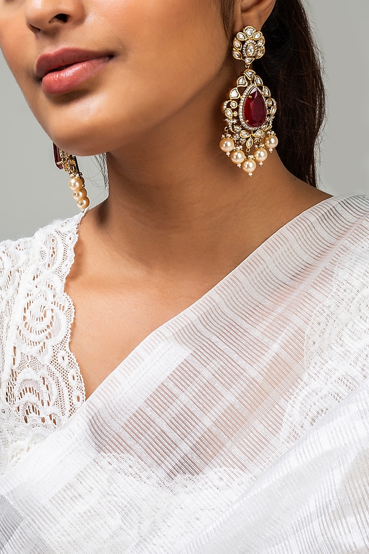 Gold Finish Red Kundan Polki Dangler Earrings by Zevar King at Pernia's Pop Up Shop