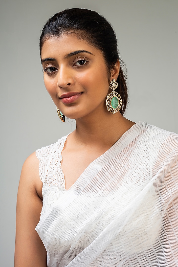 Gold Finish Mint Green Kundan Polki Dangler Earrings by Zevar King at Pernia's Pop Up Shop