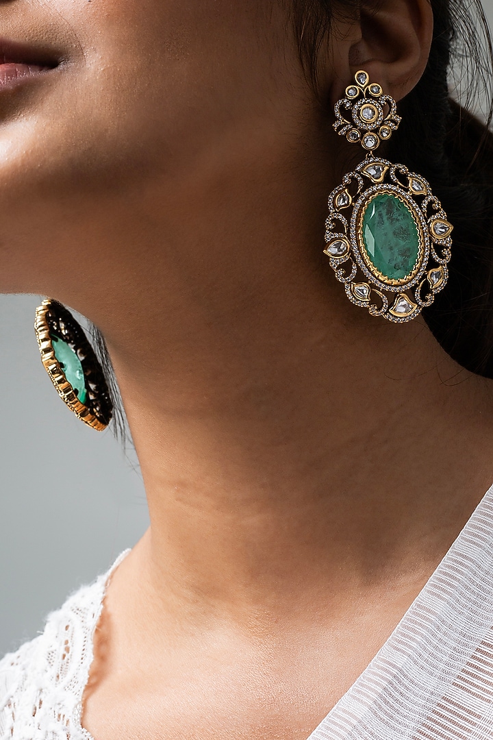 Gold Finish Mint Green Kundan Polki Dangler Earrings by Zevar King at Pernia's Pop Up Shop