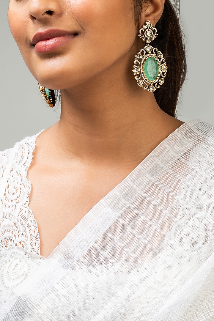 Gold Finish Mint Green Kundan Polki Dangler Earrings by Zevar King at Pernia's Pop Up Shop