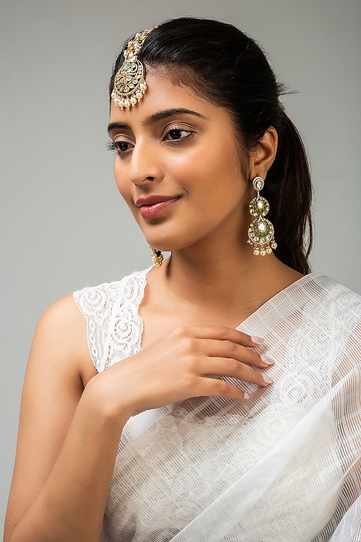 Gold Finish White Kundan Polki Maangtikka by Zevar King at Pernia's Pop Up Shop