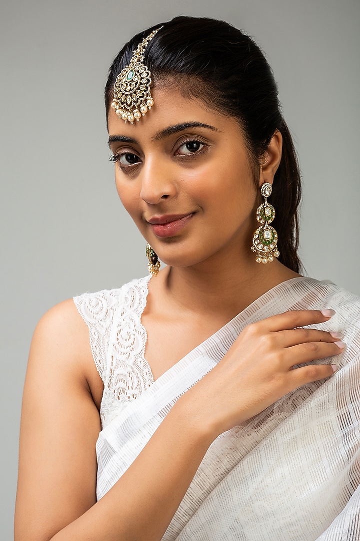 Gold Finish White Kundan Polki Maangtikka by Zevar King at Pernia's Pop Up Shop