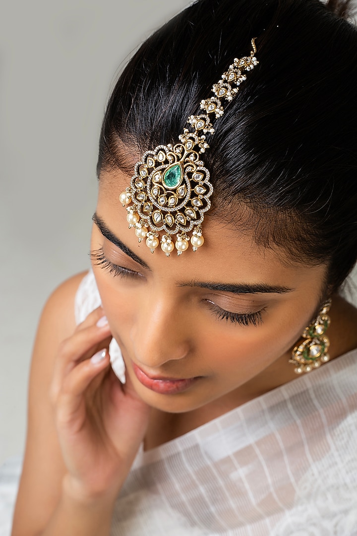 Gold Finish White Kundan Polki Maangtikka by Zevar King at Pernia's Pop Up Shop