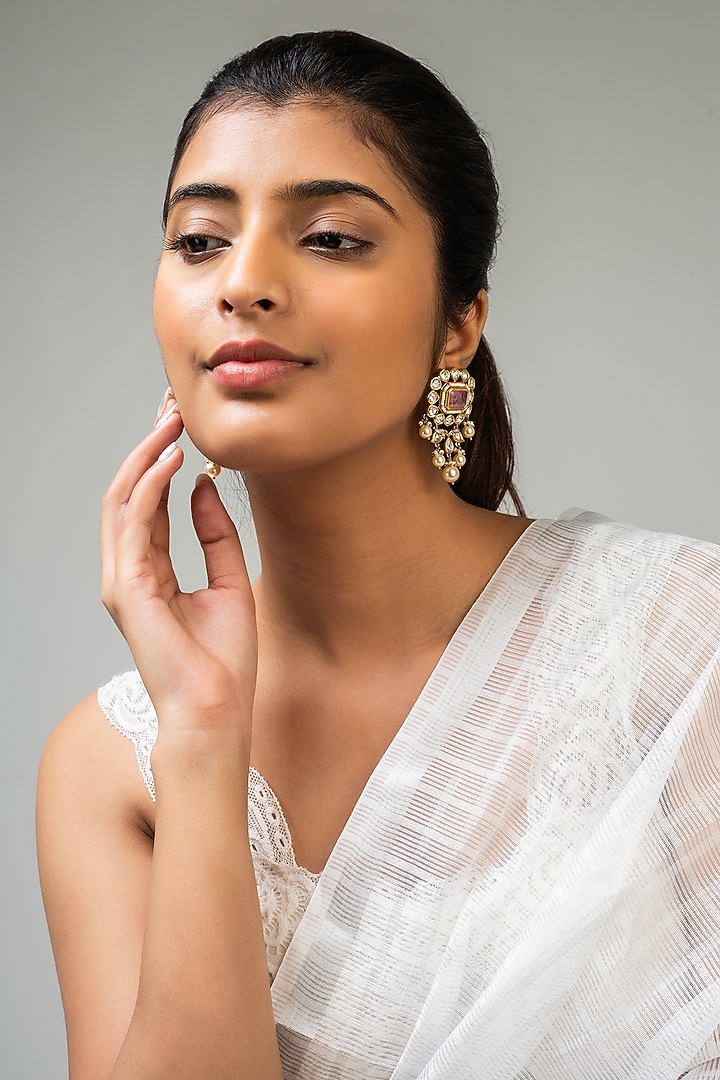 God Finish Pink Stone & Kundan Polki Dangler Earrings by Zevar King at Pernia's Pop Up Shop