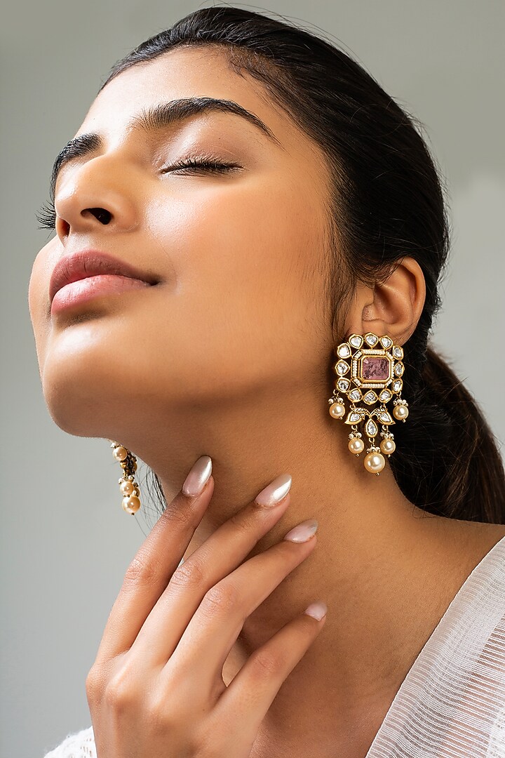 God Finish Pink Stone & Kundan Polki Dangler Earrings by Zevar King at Pernia's Pop Up Shop