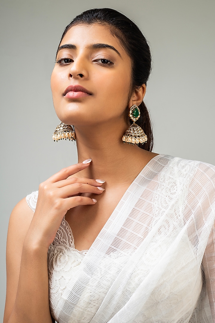 God Finish Green Stone & Kundan Polki Jhumka Earrings by Zevar King at Pernia's Pop Up Shop