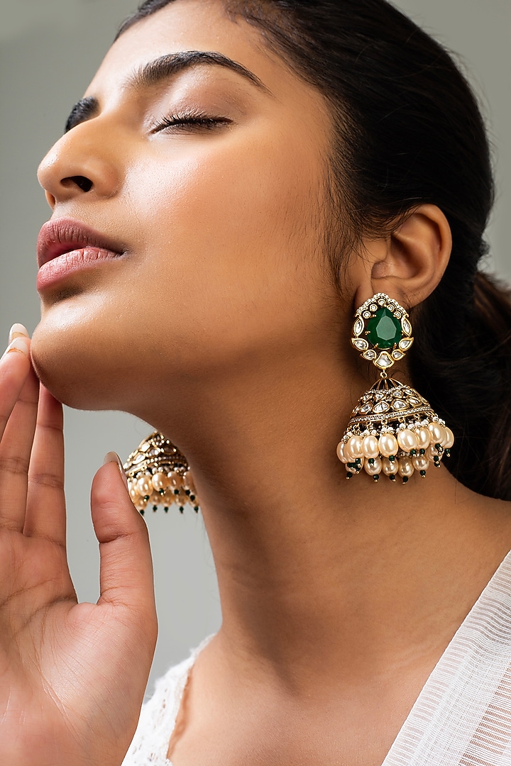 God Finish Green Stone & Kundan Polki Jhumka Earrings by Zevar King at Pernia's Pop Up Shop