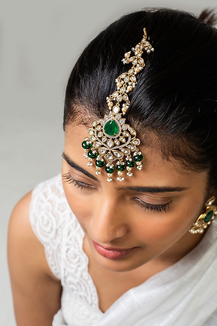 God Finish Green Stone & Kundan Polki Maangtikka by Zevar King at Pernia's Pop Up Shop