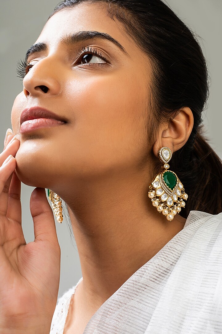 God Finish Green Stone & Kundan Polki Dangler Earrings by Zevar King at Pernia's Pop Up Shop