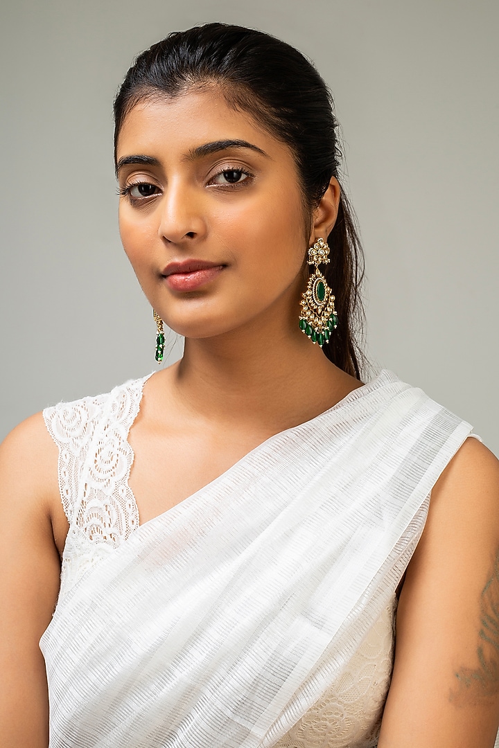 God Finish Kundan Polki & Green Stone Dangler Earrings by Zevar King at Pernia's Pop Up Shop