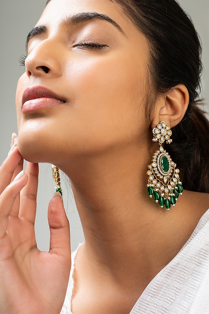 God Finish Kundan Polki & Green Stone Dangler Earrings by Zevar King at Pernia's Pop Up Shop