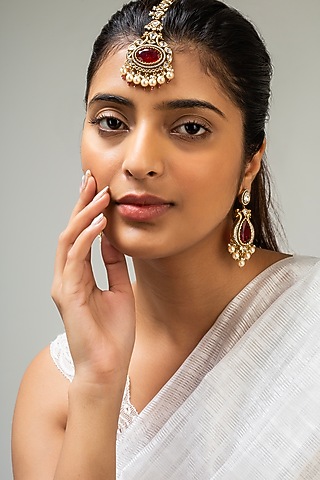 Gold Finish Kundan Polki & Red Stone Maangtikka by Zevar King