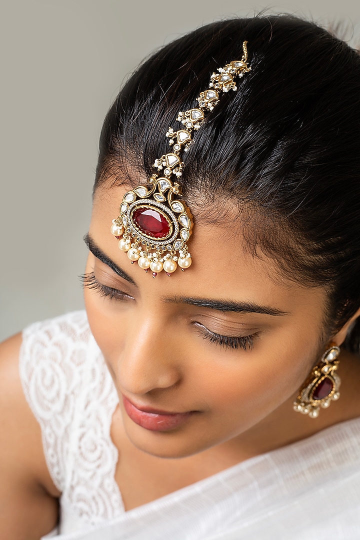 Gold Finish Kundan Polki & Red Stone Maangtikka by Zevar King at Pernia's Pop Up Shop
