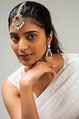 Gold Finish Kundan Polki & Red Stone Maangtikka by Zevar King