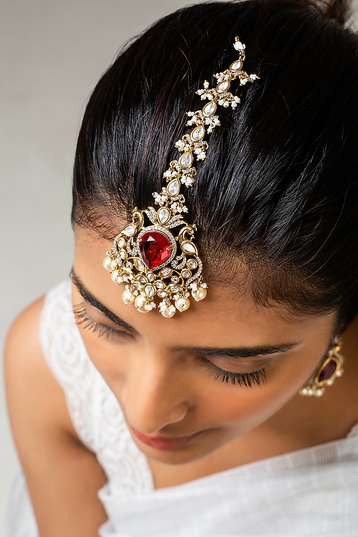 Gold Finish Kundan Polki & Red Stone Maangtikka by Zevar King at Pernia's Pop Up Shop