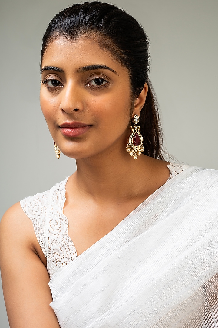 Gold Finish Kundan Polki & Red Stone Dangler Earrings by Zevar King at Pernia's Pop Up Shop